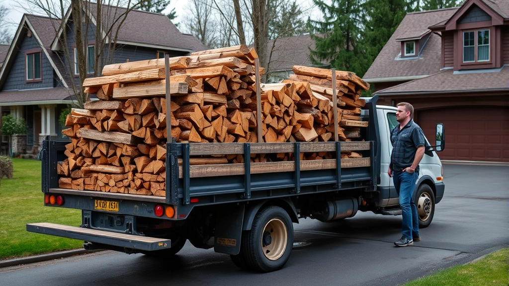 Local firewood supplier's truck loaded with delivered wood bundles, residential driveway scene, professional delivery service demonstrating quality products and customer satisfaction