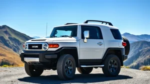 Professional photograph of a pristine white or blue FJ Cruiser parked in a scenic mountain landscape with clear blue sky, showcasing the vehicle's distinctive angular design and off-road capability in natural daylight