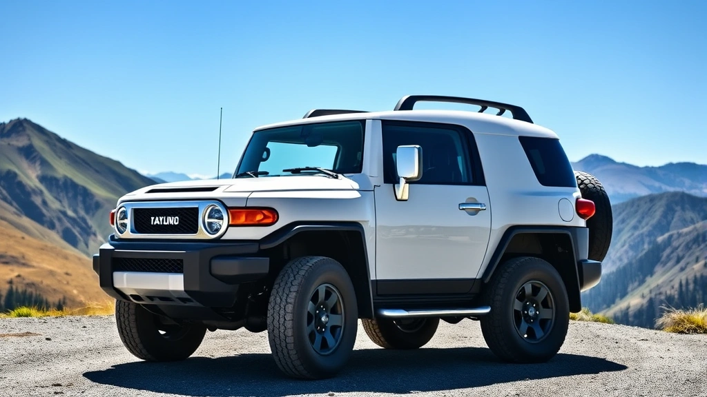 Professional photograph of a pristine white or blue FJ Cruiser parked in a scenic mountain landscape with clear blue sky, showcasing the vehicle's distinctive angular design and off-road capability in natural daylight