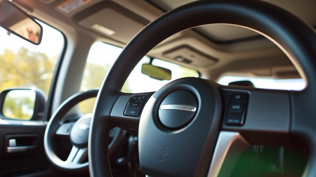 Close-up detail shot of FJ Cruiser's interior dashboard and steering wheel, showing modern vehicle technology, clean upholstery, and well-maintained controls in bright natural lighting