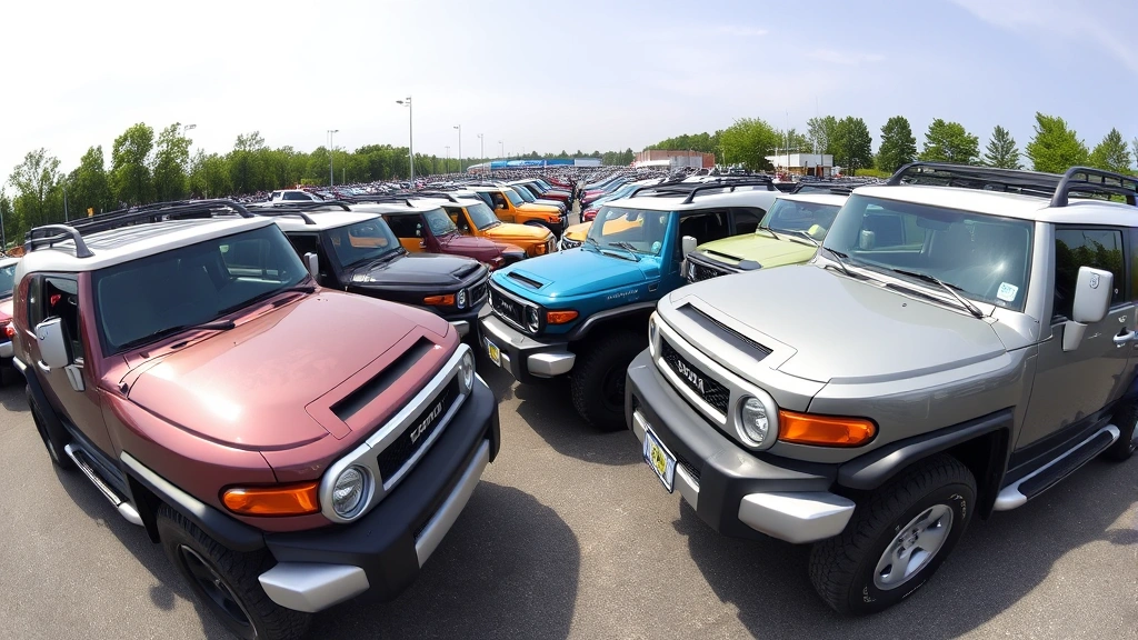 Wide-angle photograph of multiple FJ Cruisers displayed together at an automotive marketplace or enthusiast gathering, demonstrating various colors and conditions in an organized outdoor setting