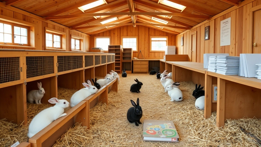 Professional breeder facility with spacious wooden hutches and proper ventilation, clean straw bedding, Flemish Giant rabbits visible in pens, organized record-keeping area with documentation files, natural daylight illuminating the clean facility