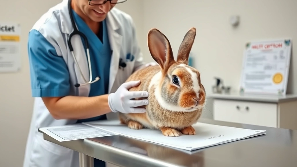 Veterinarian examining a Flemish Giant rabbit on examination table, health certificate and documentation visible, professional medical setting with proper lighting, showing care and health screening process