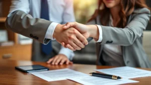 Professional businessman and woman shaking hands over signed documents at wooden desk with pen and papers, office setting with natural lighting
