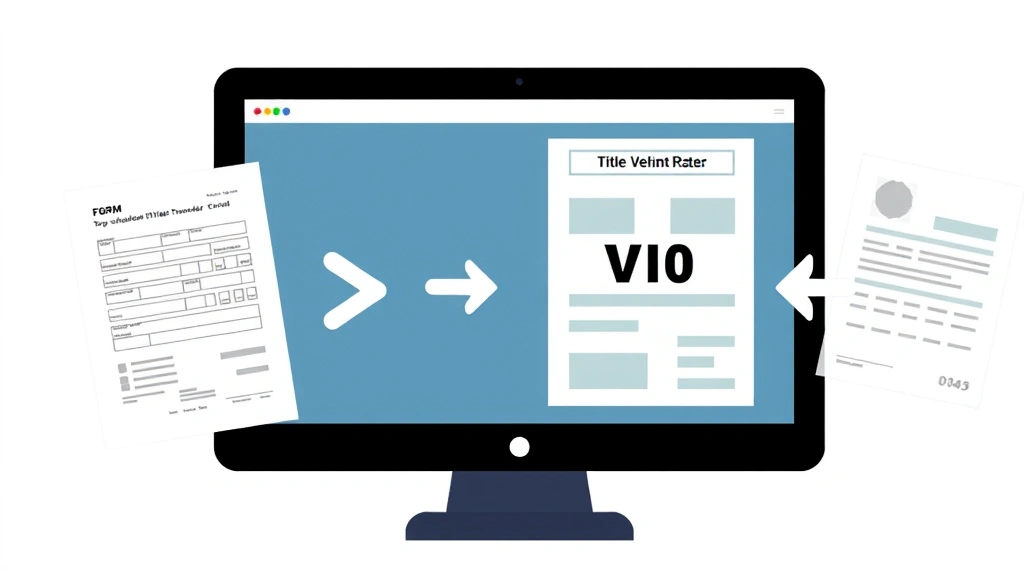 Digital illustration of vehicle title transfer process showing computer screen with form, VIN number, and registration documents overlaid