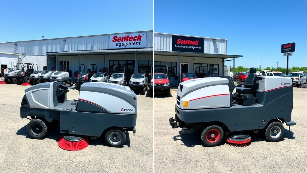 Side-by-side comparison of industrial cleaning equipment models displayed in outdoor equipment dealership lot, multiple sweepers showing different sizes and configurations, clear sunny day, professional signage visible