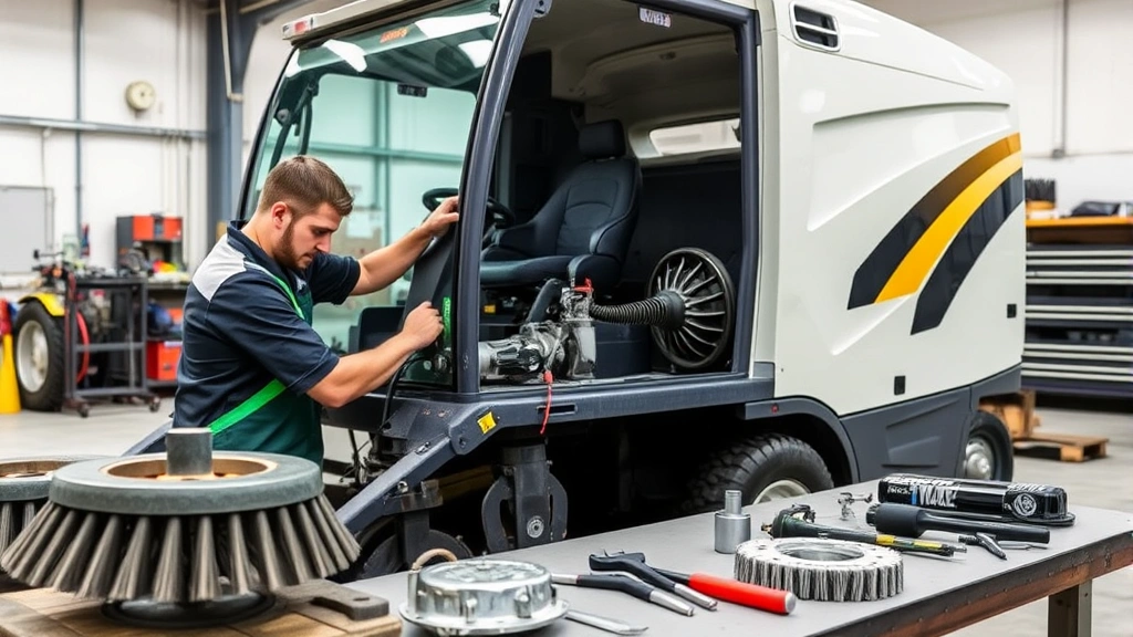 Maintenance technician performing service on commercial sweeper equipment in professional service facility, tools and replacement parts visible on workbench, hydraulic systems and brush components being inspected, clean industrial workshop environment