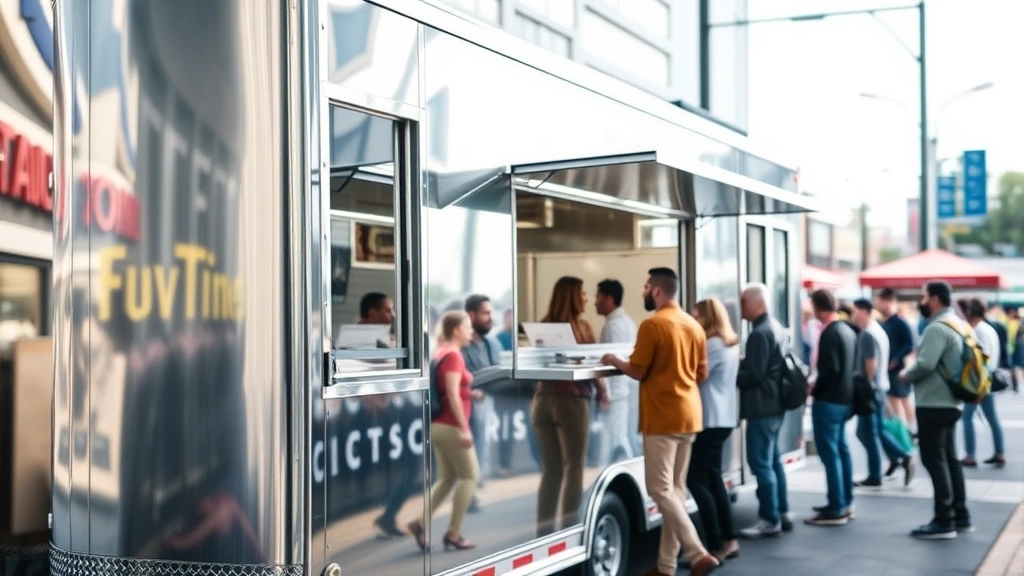 Professional food trailer photographed from the side, stainless steel exterior, open serving window with customers waiting in line, modern design, natural daylight, busy commercial area background