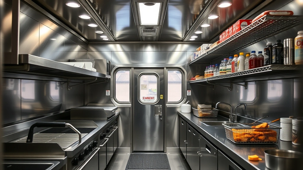 Close-up of commercial kitchen interior inside a food trailer, showing griddle, fryer, prep stations, organized shelving with supplies, stainless steel surfaces, professional lighting, no signage visible