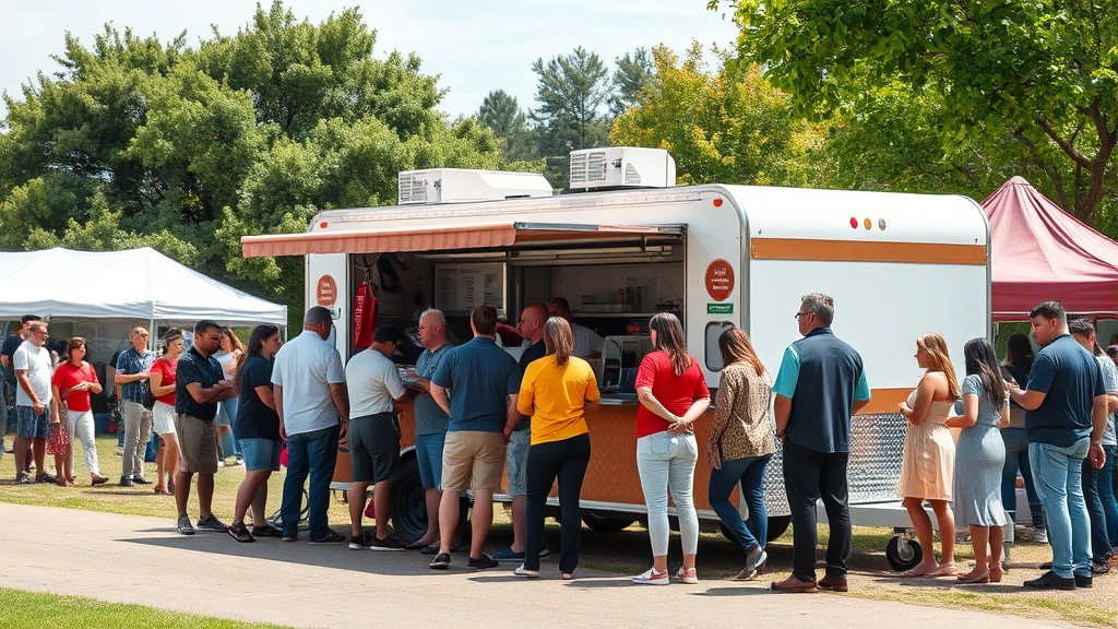 Food trailer parked at a busy outdoor event or park, multiple customers lined up to order, trees and event tents in background, daytime scene, active business operation, photorealistic quality