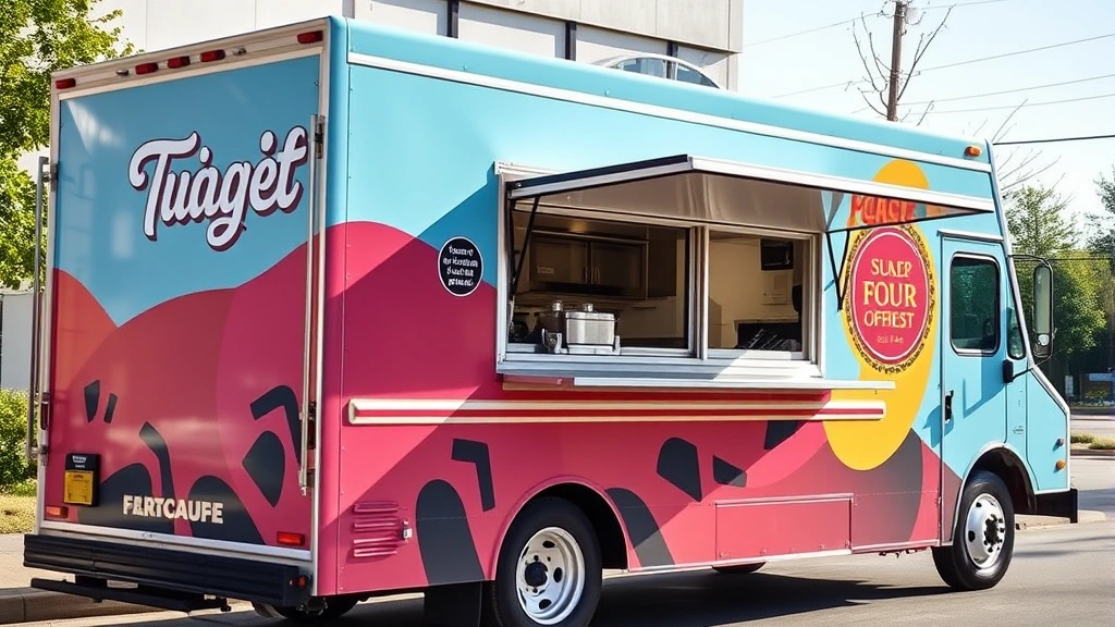 Professional food truck exterior with vibrant branding, custom lettering, and open service window, photographed from three-quarter angle in natural daylight, showing modern commercial design and professional appearance without visible signage text