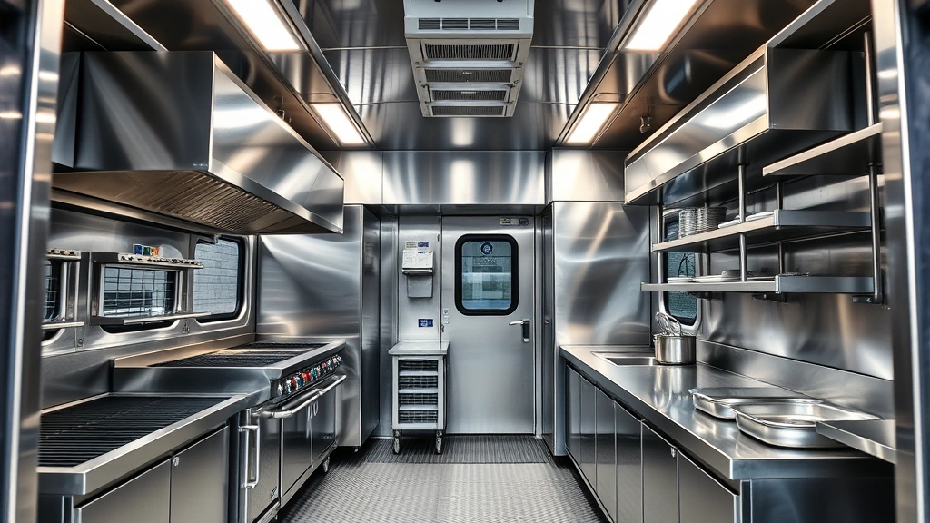 Interior commercial kitchen setup inside food truck showing stainless steel equipment, organized cooking stations, refrigeration units, and prep areas with professional layout and efficient workspace design