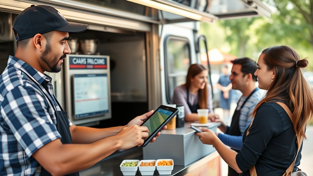 Food truck owner managing point-of-sale tablet system while serving customers outdoors, showing modern technology integration, payment processing, and customer service interaction in actual operating environment