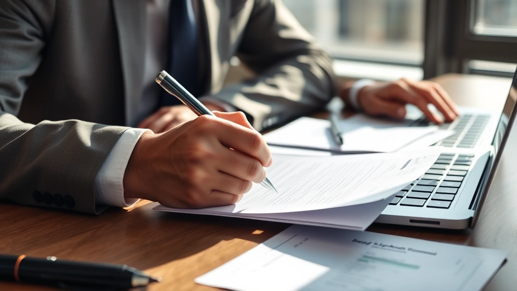 Professional business owner signing contract document at desk with laptop and financial documents, natural lighting, focused handshake moment