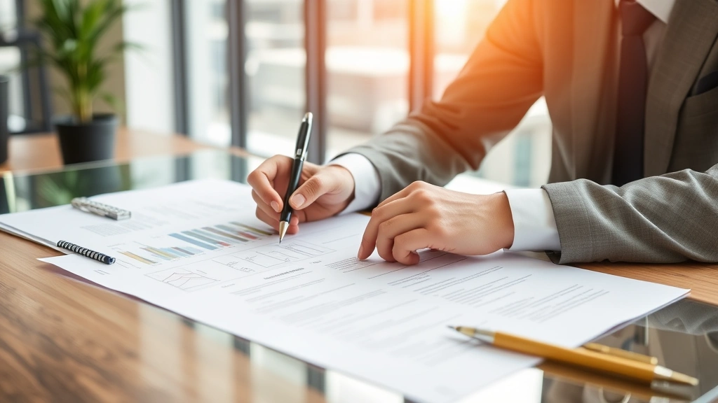 Real estate attorney reviewing property documents and contracts in modern office, analyzing legal paperwork with pen in hand