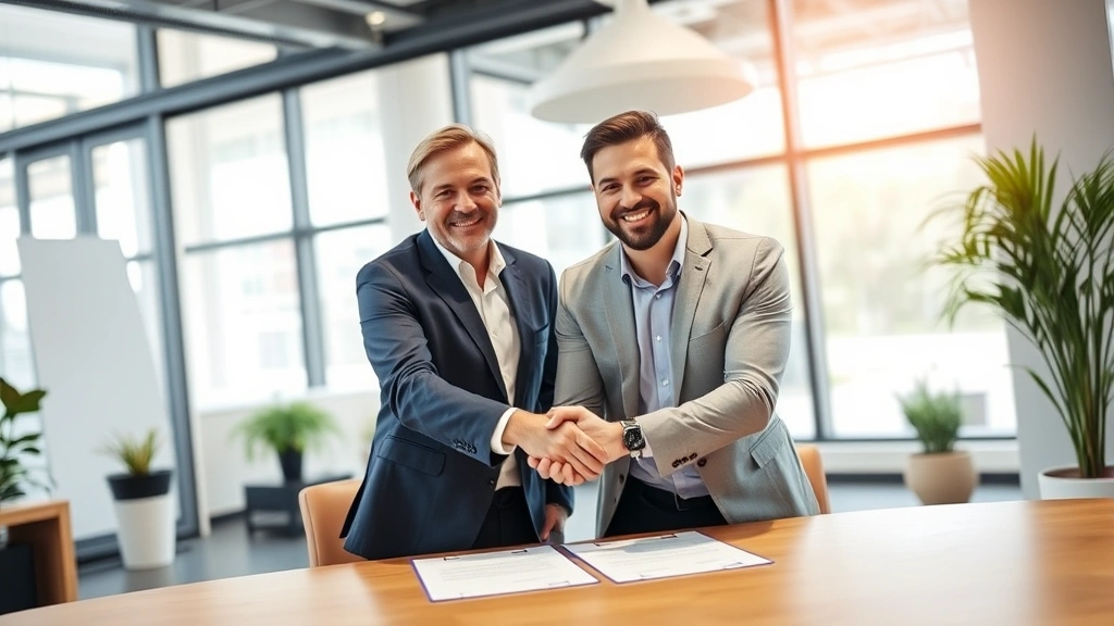 Diverse buyer and seller shaking hands after contract agreement in bright office space, both smiling with signed papers on table