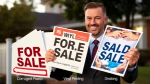 Professional realtor displaying high-quality for sale sign materials including corrugated plastic, aluminum composite, and vinyl printing samples in outdoor lighting, showing durability comparison