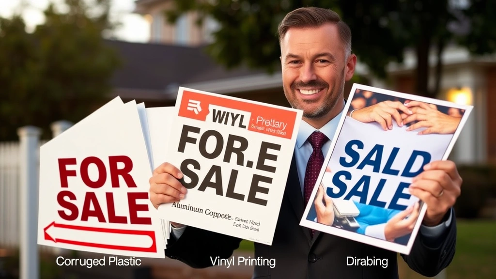 Professional realtor displaying high-quality for sale sign materials including corrugated plastic, aluminum composite, and vinyl printing samples in outdoor lighting, showing durability comparison