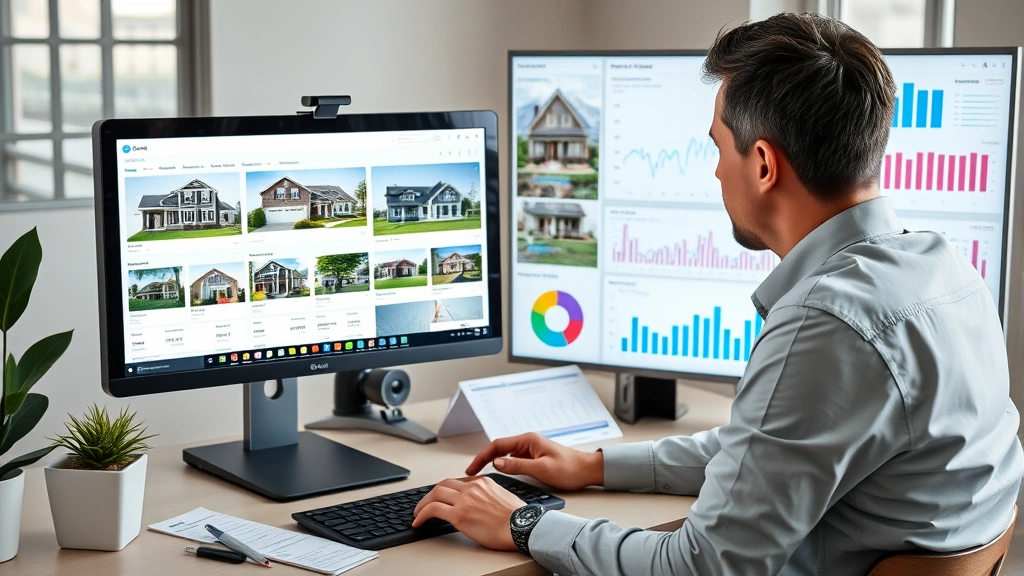 Real estate professional analyzing property listing data and sign effectiveness metrics on computer dashboard with multiple property photographs and traffic analytics charts