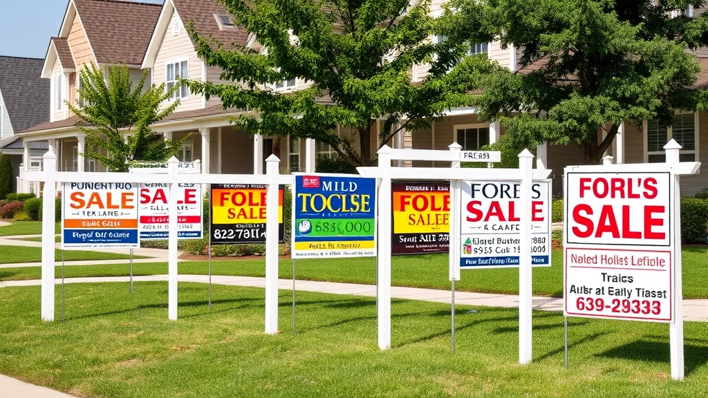 Row of well-designed residential for sale signs in different styles and materials installed on various property types, demonstrating professional placement and visibility standards