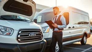 Professional commercial delivery driver conducting pre-purchase inspection of white Ford Transit cargo van in bright dealership lot, checking under hood with clipboard, business casual attire, morning sunlight