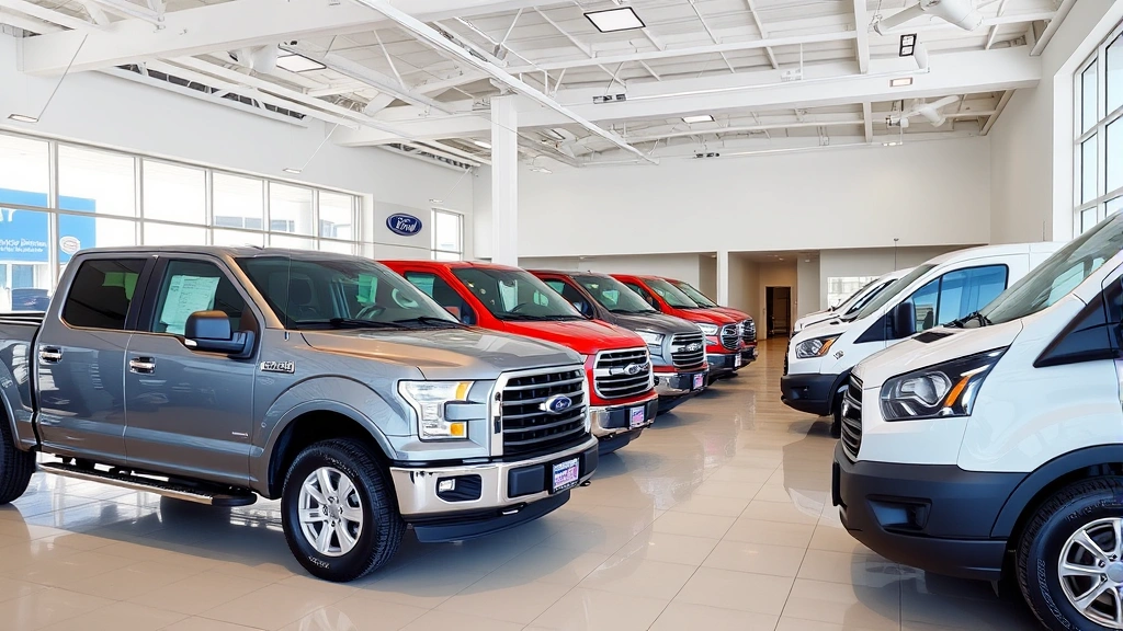 Modern automotive dealership showroom interior displaying Ford F-150 trucks and Transit vans lined up, professional sales environment with clean floors and modern lighting, no visible signage or text