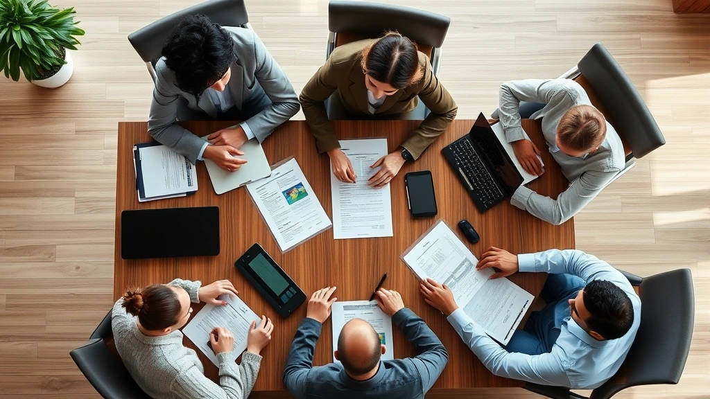 Overhead view of diverse business team reviewing vehicle purchase documents and financing options at conference table, laptops and paperwork visible, professional office setting, natural daylight