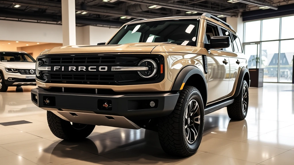 Professional photograph of a Ford Bronco SUV parked in a modern dealership showroom with bright lighting, clean floor, and professional setting, showcasing the vehicle's exterior design and stance