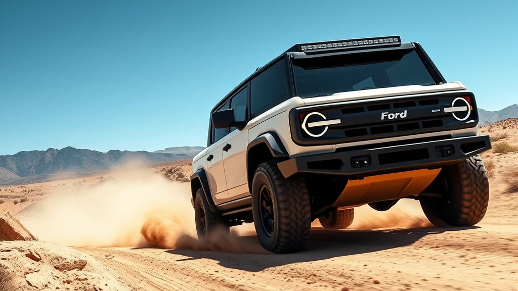 Wide-angle shot of a Ford Bronco driving on a dusty off-road trail through desert landscape with mountains in background, demonstrating the vehicle's off-road capability and rugged nature