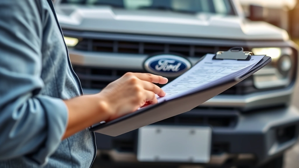 Close-up detail photograph of a person reviewing vehicle paperwork and documents on a clipboard while standing next to a Ford Bronco, representing the inspection and purchase process