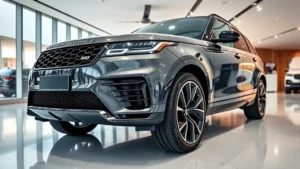 Luxury high-performance SUV from above angle showing aggressive body lines and premium details, photographed in modern dealership showroom with professional lighting, no text or signage visible, photorealistic