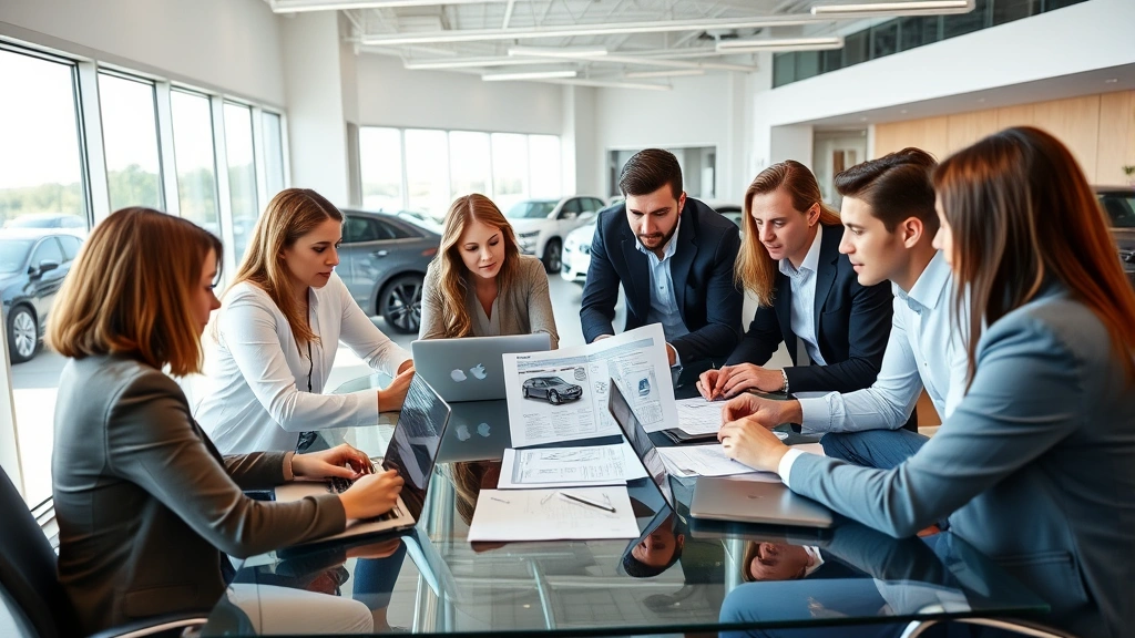 Diverse group of professionals reviewing vehicle specifications and pricing documents at glass conference table in automotive sales office, focused expressions, multiple laptops and tablets visible, bright natural lighting