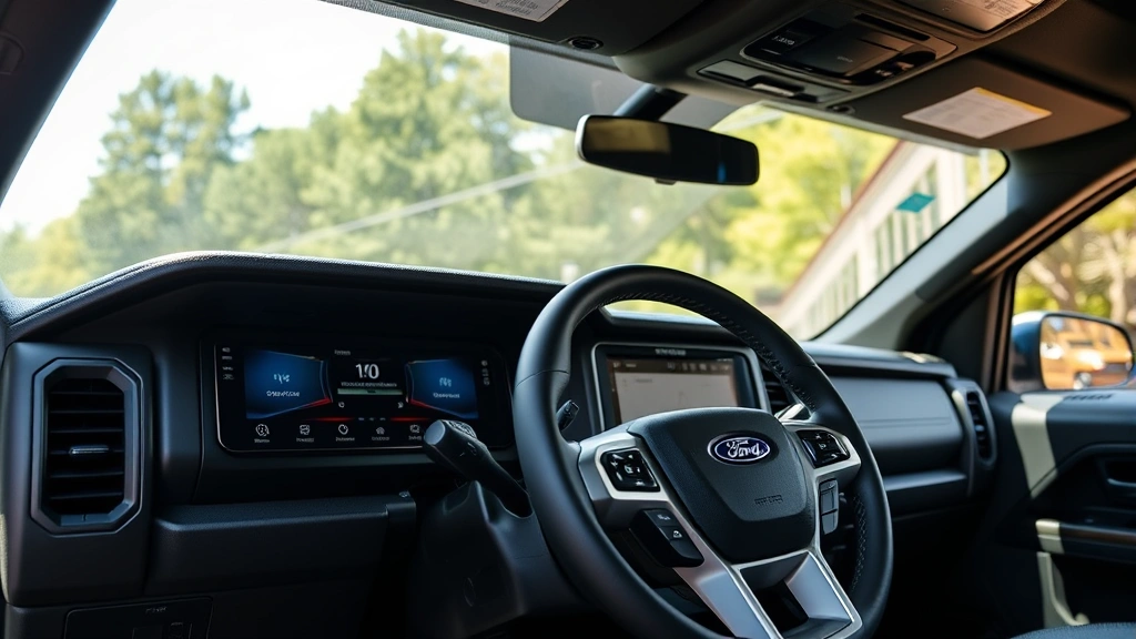 Close-up of Ford Bronco Sport interior dashboard showing SYNC 4 touchscreen and steering wheel with modern controls, natural daylight through windshield, premium cabin styling