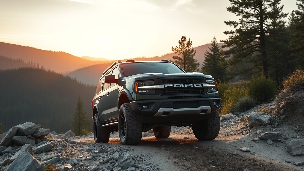Ford Bronco Sport on rugged mountain trail with forest background, three-quarter front view showing terrain capability and design, golden hour lighting, adventure lifestyle context