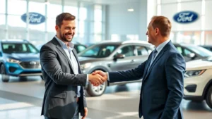 Professional automotive salesman shaking hands with customer in modern Ford dealership showroom, natural lighting highlighting clean vehicle inventory in background, confident business attire, transparent negotiation atmosphere