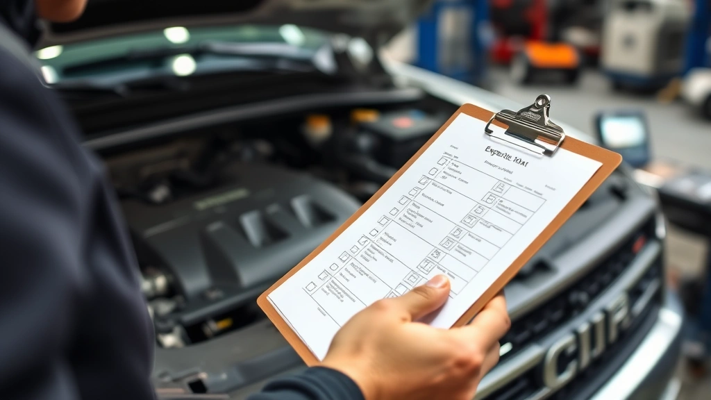 Detailed close-up of vehicle inspection checklist on clipboard with mechanic examining Expedition Max engine compartment, professional diagnostic equipment visible, emphasis on thorough quality assessment process