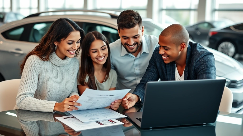 Diverse family reviewing vehicle purchase documents at dealership desk with laptop showing market pricing data, paperwork organized professionally, satisfied expressions indicating informed decision-making process