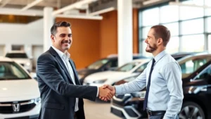 Professional businessman shaking hands with dealership salesman in modern showroom with vehicles in background, natural lighting, confident buyer