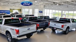 Professional automotive showroom interior displaying multiple Ford F-150 trucks in various colors and configurations, modern lighting highlighting truck beds and cabin features, professional dealership environment with clean floors and professional signage visible in background