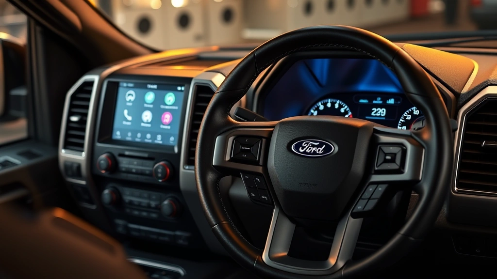 Close-up interior shot of Ford F-150 dashboard featuring modern infotainment touchscreen display, steering wheel controls, instrument cluster gauges, and premium cabin materials, professional automotive photography with warm professional lighting emphasizing technology features and interior quality