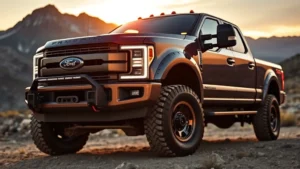 Heavy-duty Ford F-350 Super Duty truck with Tremor badging parked in rugged mountain terrain during golden hour, showcasing reinforced bumpers and all-terrain tires, professional automotive photography style