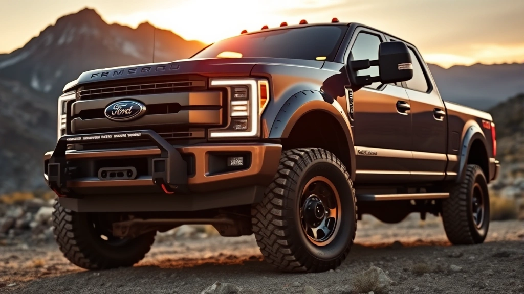 Heavy-duty Ford F-350 Super Duty truck with Tremor badging parked in rugged mountain terrain during golden hour, showcasing reinforced bumpers and all-terrain tires, professional automotive photography style