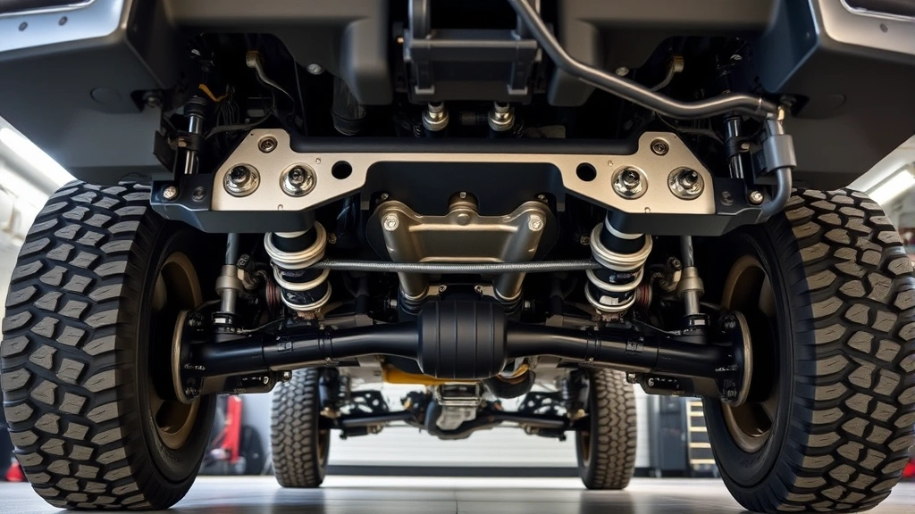 Close-up of Ford F-350 Tremor undercarriage and suspension components showing skid plates and protective elements, photographed from underneath angle in a professional service bay with proper lighting