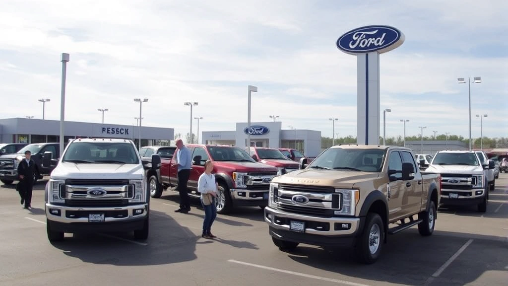 Dealer lot with multiple Ford F-350 trucks displayed, showing various model variations and configurations, prospective buyers examining vehicles, professional dealership setting with clear signage and organized layout