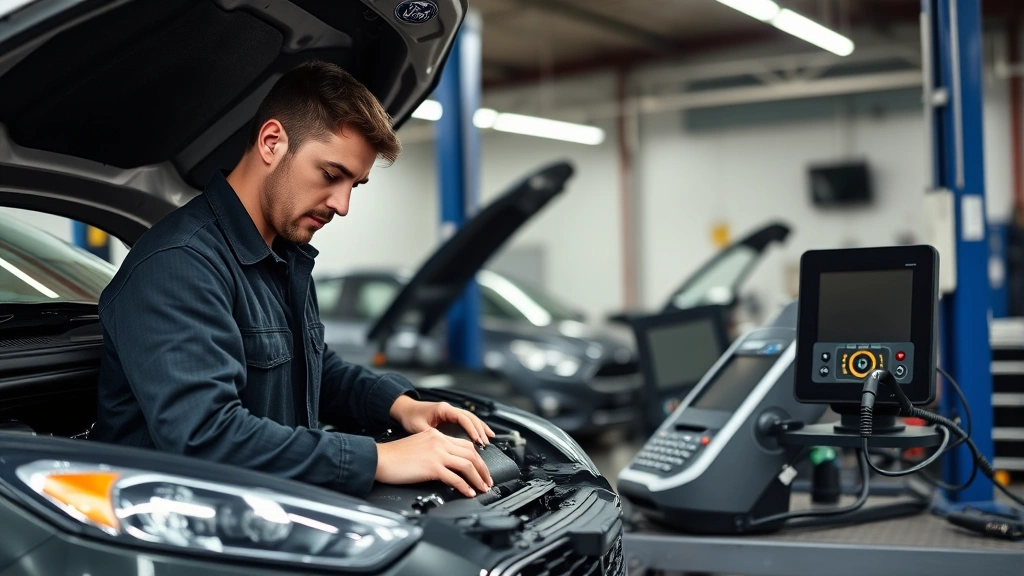 Experienced mechanic performing pre-purchase vehicle inspection on Ford Focus, checking engine components, diagnostic equipment on workbench, detailed examination of mechanical systems, professional garage setting with proper lighting