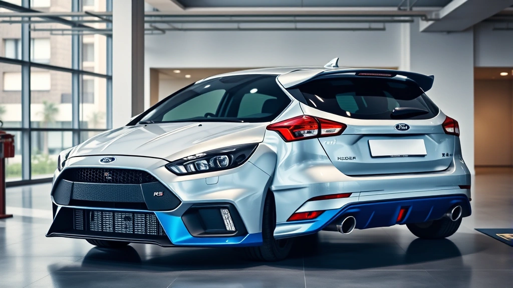Professional photograph of a silver and blue Ford Focus RS hatchback parked in a modern showroom with professional lighting, emphasizing its distinctive aerodynamic design and aggressive stance