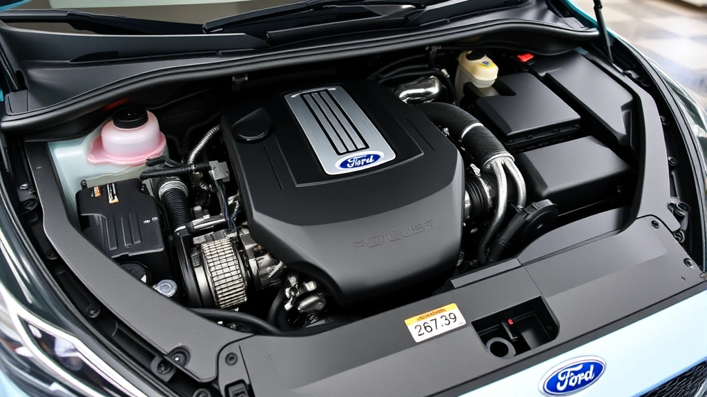 Close-up detail shot of a Ford Focus RS turbocharged engine bay showing the EcoBoost engine with visible engine components and technical details in a clean dealership garage setting