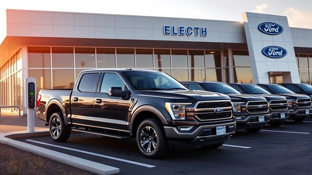 Professional electric truck charging at modern dealership facility with multiple Ford F-150 Lightning vehicles displayed on lot, bright daylight, contemporary architecture, business setting
