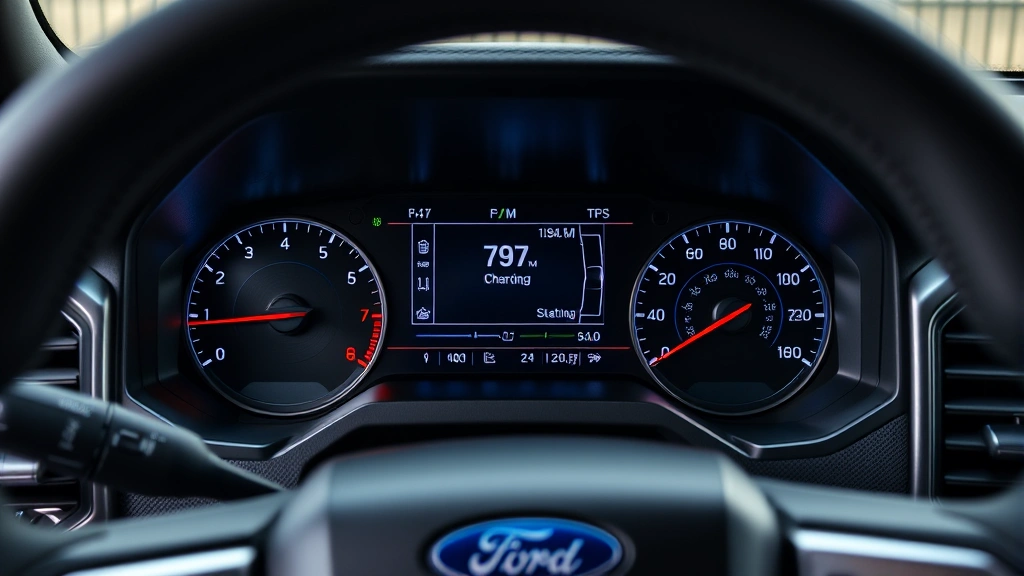 Interior dashboard view of Ford F-150 Lightning showing digital display screen with charging status and vehicle metrics, modern tech interface, professional automotive photography