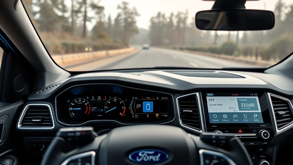 Interior dashboard view of a Ford Maverick Hybrid showing hybrid powertrain display, fuel economy metrics, and modern infotainment system with driver's perspective, emphasizing technology and efficiency features